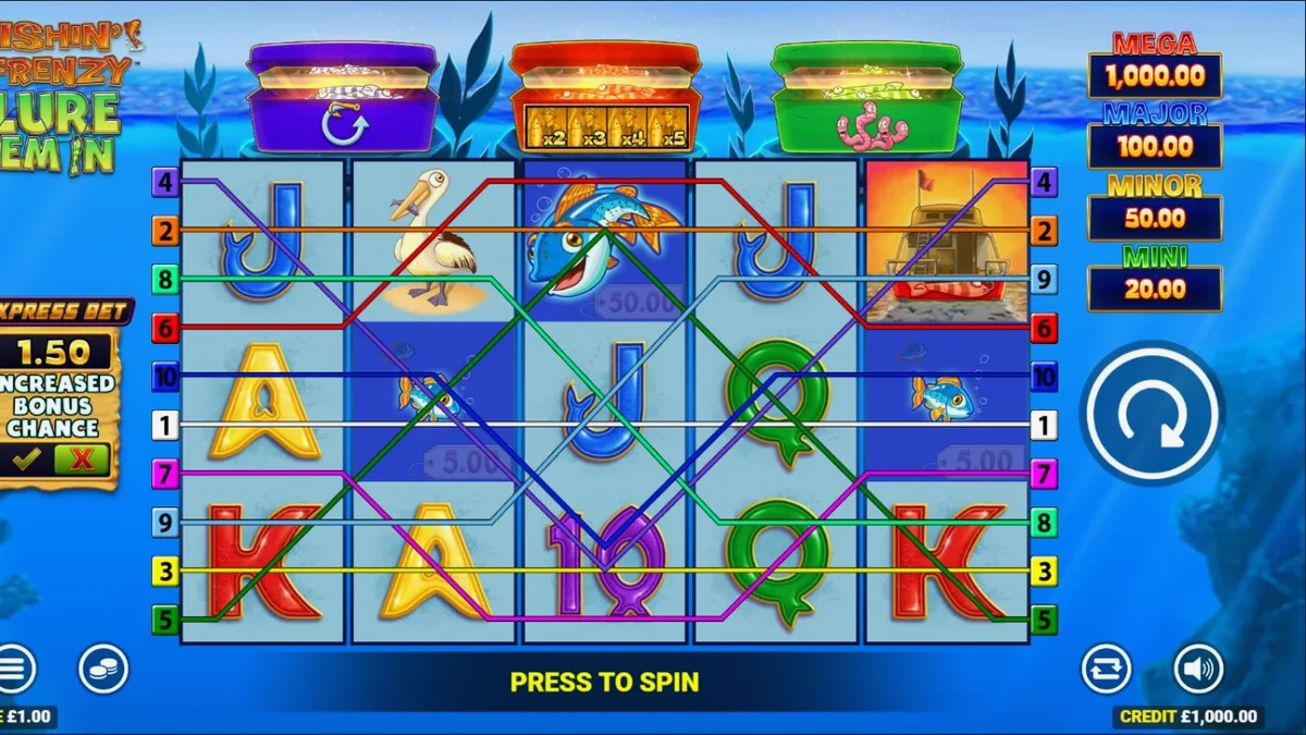 Tampilan visual slot Fishin Frenzy Lure Em In dengan latar belakang danau yang tenang