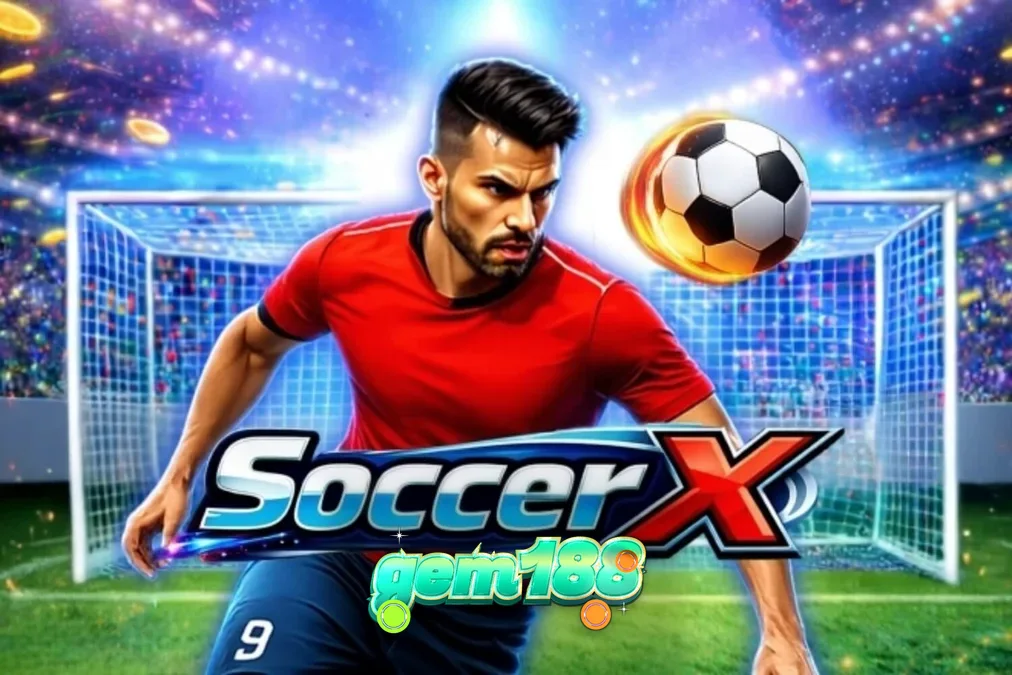 Tampilan antarmuka permainan slot SoccerX dengan latar belakang lapangan sepak bola.
